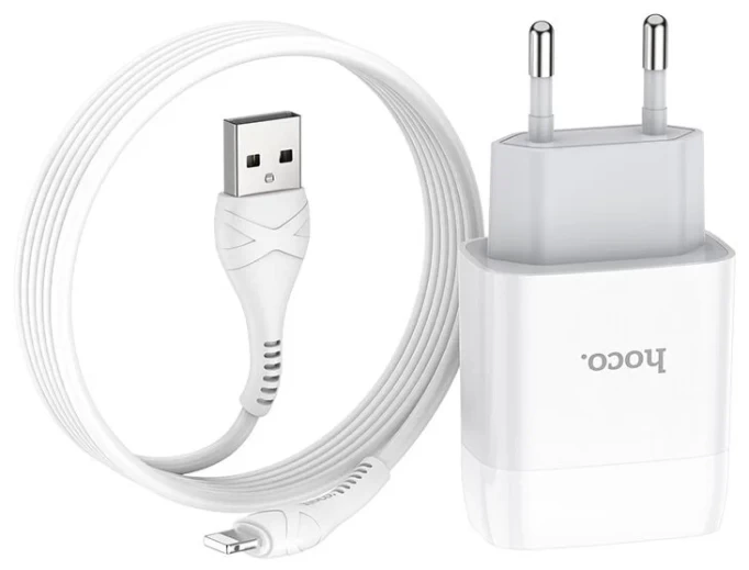 Сетевое зарядное устройство Hoco C72A Glorious 1xUSB, 2.1А + USB кабель Lightning 8-pin, 1м, Белое